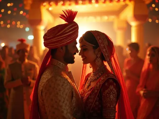 Ein strahlendes Paar bei einer indischen Hochzeit. Der Bräutigam trägt einen goldenen Sherwani und einen roten Turban, die Braut ein rotes Sari-Kleid und Schmuck.