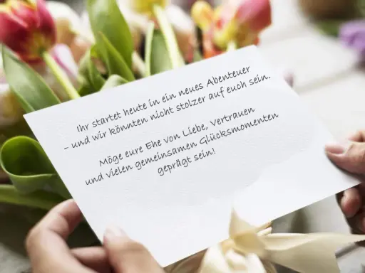 Hände halten eine Karte mit Glückwünschen vor einem Blumenstrauß. "Alles liebe zu eurem Hochzeitstag!" steht darauf.