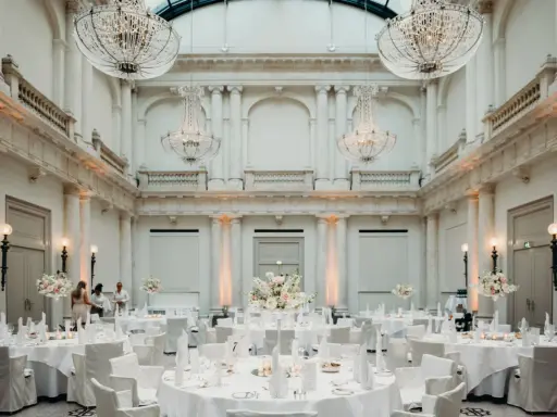 Elegante Tische mit weißen Hussen und Blumenarrangements in einem prunkvollen Saal mit Kronleuchtern – eine besondere Hochzeitslocation.