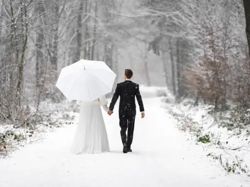 Ein Brautpaar geht Hand in Hand unter einem weißen Schirm durch einen verschneiten Wald. Vielleicht ist dies der beste Monat zum Heiraten für alle, die eine romantische Winterhochzeit wünschen.