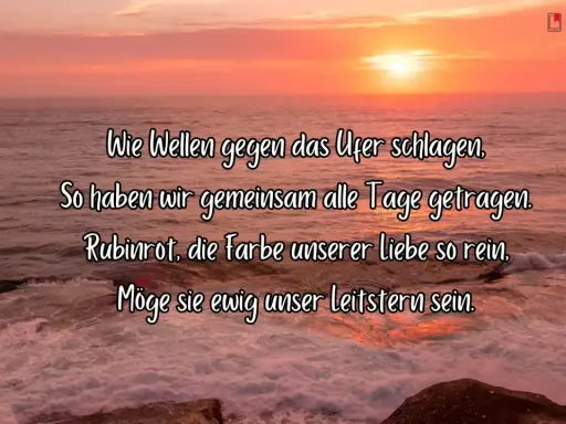 Ein Sonnenuntergang am Meer mit dem Spruch "40 Jahre verheiratet": Wie Wellen gegen das Ufer schlagen, so haben wir gemeinsam alle Tage getragen.