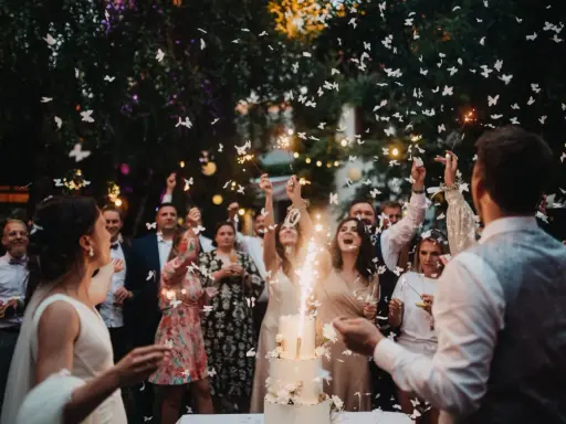 Fröhliche wedding party mit Funken sprühenden Wunderkerzen und flatternden Schmetterlingen aus Papier.