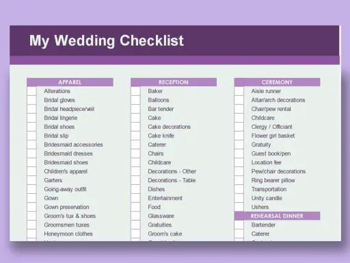 Hochzeits-Checkliste mit Kategorien wie Kleidung, Empfang und Zeremonie. Eine kostenlose Vorlage für Ihre Hochzeitsplanung.