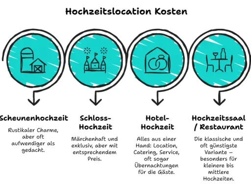 Vergleich von Hochzeitslocation Kosten: Scheune (rustikal), Schloss (märchenhaft), Hotel (all-inclusive) und Hochzeitssaal (klassisch/günstig).