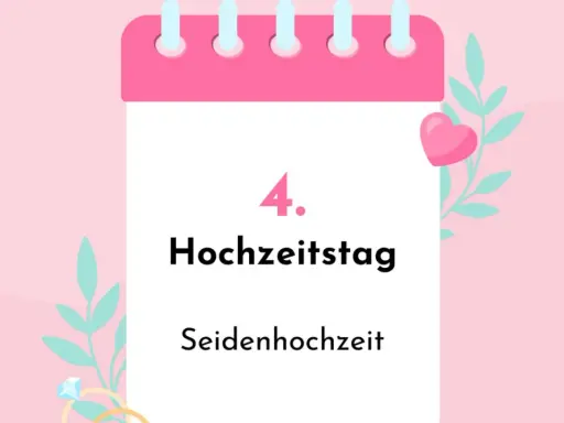 4. Hochzeitstag: Seidenhochzeit. Ein Kalenderblatt mit Herz und Ringen feiert vier Jahre Ehe.
