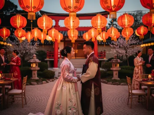 Ein Brautpaar in traditioneller Kleidung blickt sich unter roten Lampions an. Eine wunderschöne chinesische Hochzeit im Abendlicht.