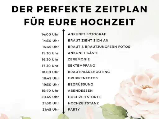 Der perfekte Zeitplan für eure Hochzeit: ab 15 Uhr Trauung, danach Feierlichkeiten wie Sektempfang, Abendessen und Party.