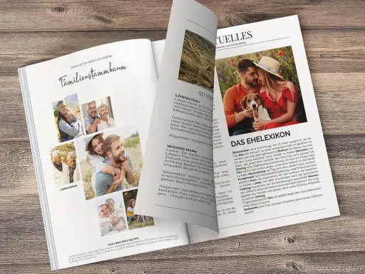 Ideen für eine Hochzeitszeitung: Ein Familienstammbaum mit Fotos und ein Ehelexikon mit humorvollen Definitionen.