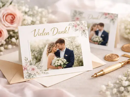 Hochzeitspaar auf Dankeskarte mit Blumen. Ein liebevoller Gruß nach der Hochzeit.