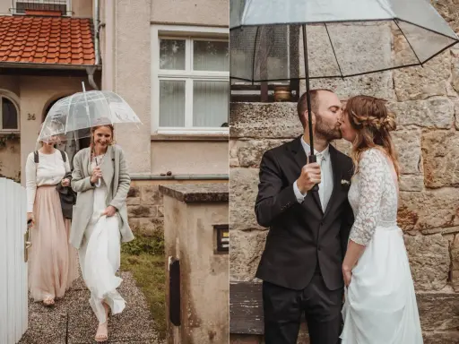 Brautpaar küsst sich unter einem Regenschirm. Eine Braut mit Begleitung geht im Regen. Hochzeit Regen.