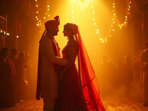 Ein Brautpaar in traditioneller Kleidung blickt sich an, umgeben von warmem Licht und Lichtern. Eine romantische Bollywood-Hochzeit.