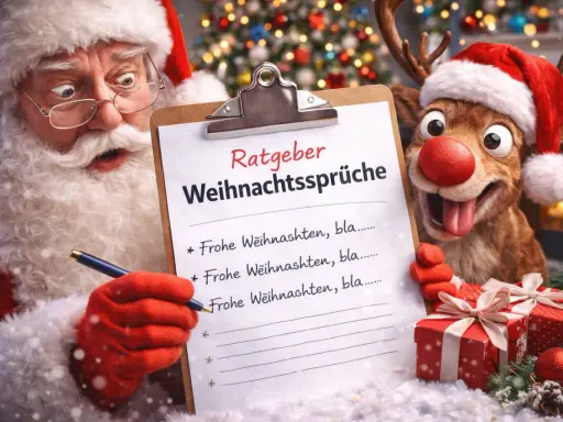 Nikolaus und Rentier erstellen eine Liste mit kurzen Weihnachtssprüchen.