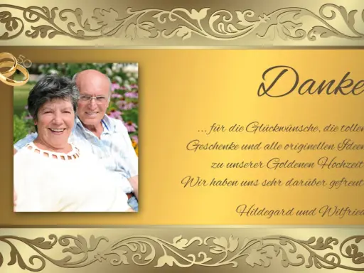 Ein glückliches Paar feiert seine Goldene Hochzeit. Eine lustige Danksagung für Glückwünsche und Geschenke.