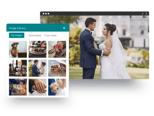 Beispiele für Hochzeitshomepages: Eine Bildbibliothek zeigt Hochzeitsfotos, darunter ein Brautpaar, Ringe und Blumen.