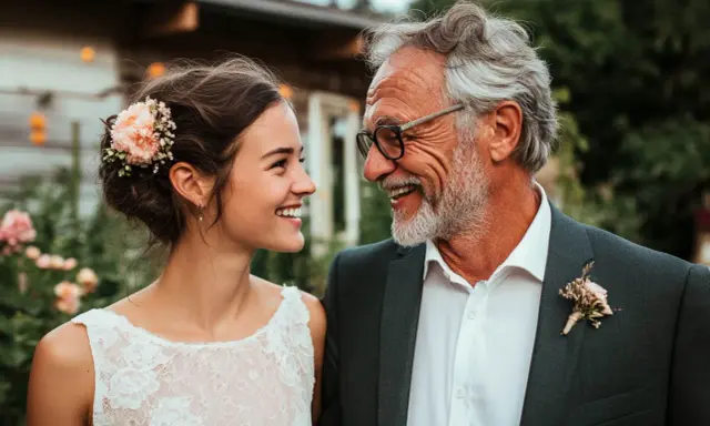 Glücklicher Vater und Tochter, die sich ansehen. Sie lächeln beide. Sie ist in einem weißen Spitzenkleid, er in einem Anzug. Ein schöner Moment vor der Rede zur Hochzeit der Tochter.