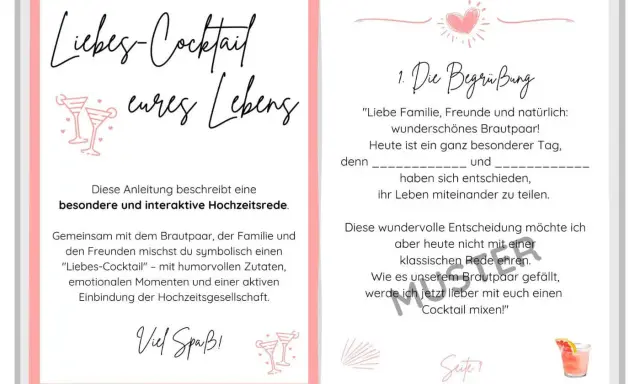 Vorlage für eine interaktive Hochzeitsrede: Ein "Liebes-Cocktail" mit humorvollen Zutaten, perfekt für die Trauzeugin.