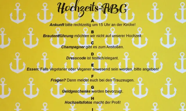 Hochzeits-ABC mit Anker-Muster: Infos zu Ankunft, Dresscode, Essen & mehr.