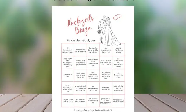Hochzeits-Bingo-Vorlage mit lustigen Aufgaben, um Gäste kennenzulernen. Perfekt für eine lockere Hochzeitsrede!