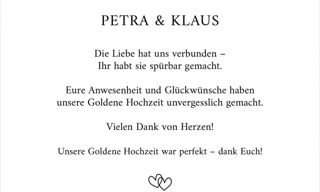 Dankeskarte zur Goldenen Hochzeit von Petra & Klaus. Ein schöner Spruch dankt den Gästen für ihre Anwesenheit und Glückwünsche.