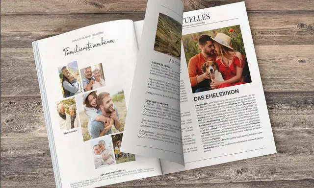 Ideen für eine Hochzeitszeitung: Ein Familienstammbaum mit Fotos und ein Ehelexikon mit humorvollen Definitionen.