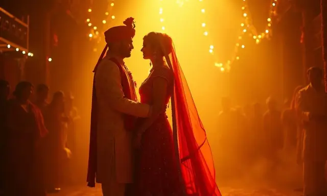 Ein Brautpaar in traditioneller Kleidung blickt sich an, umgeben von warmem Licht und Lichtern. Eine romantische Bollywood-Hochzeit.