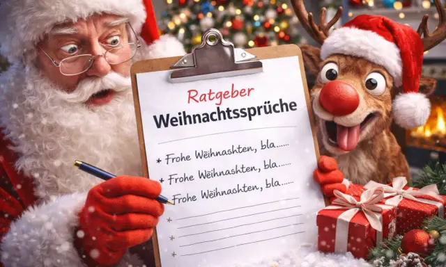 Nikolaus und Rentier erstellen eine Liste mit kurzen Weihnachtssprüchen.