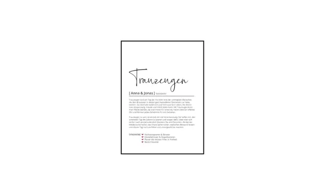 Ein stilisiertes Poster mit der Definition von "Trauzeugen". Es erklärt, was muss ein Trauzeuge bezahlen, nämlich Verantwortung und Unterstützung.