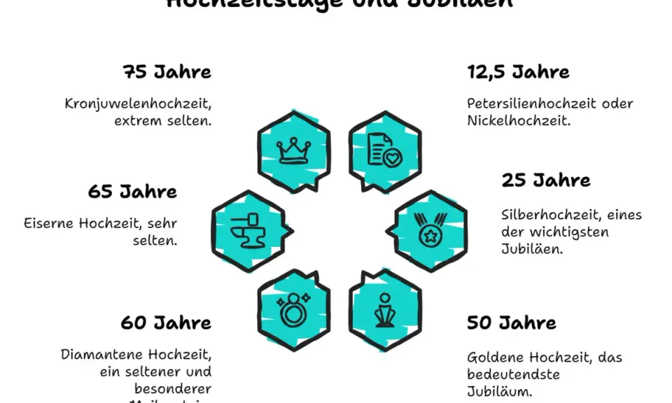 Das beste am verheiratet sein ist die Reise durch die Jahre, von der Petersilienhochzeit bis zur seltenen Kronjuwelenhochzeit. Ein Leben voller Meilensteine.