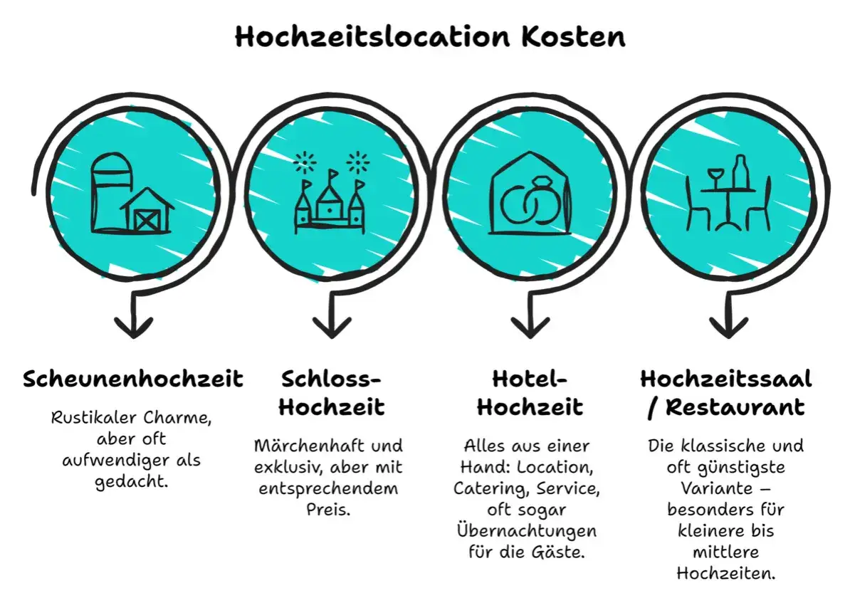 Vergleich von Hochzeitslocation Kosten: Scheune (rustikal), Schloss (m&auml;rchenhaft), Hotel (all-inclusive) und Hochzeitssaal (klassisch/g&uuml;nstig).