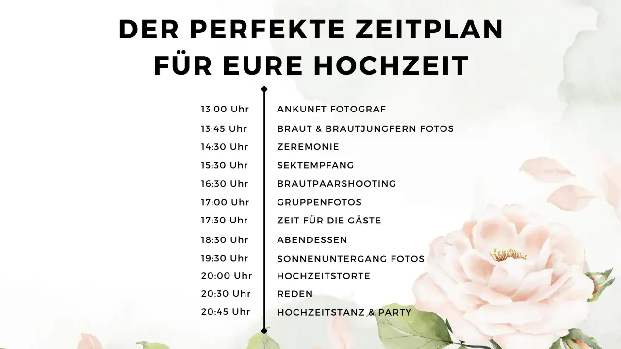 Der perfekte Zeitplan f&uuml;r eure Hochzeit: ab 15 Uhr Trauung, gefolgt von Empfang, Fotos, Abendessen und Party.