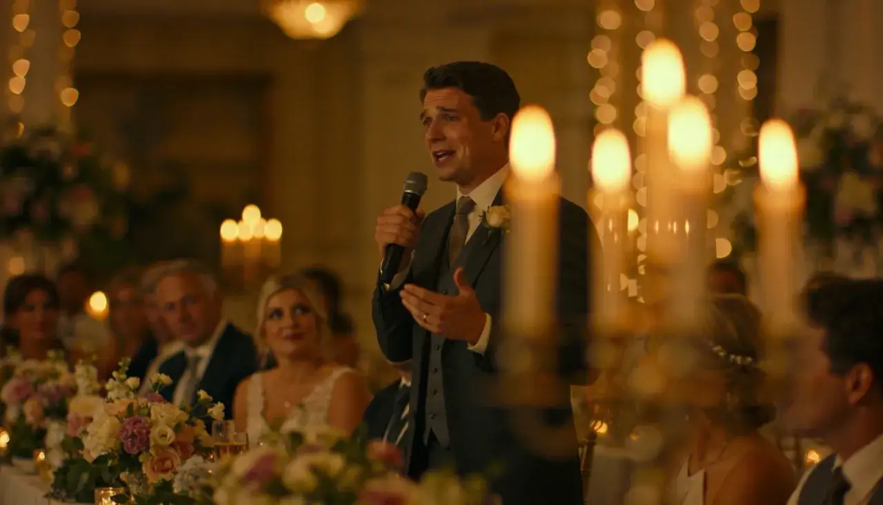 Mann h&auml;lt Mikrofon, h&auml;lt Rede bei Hochzeit. G&auml;ste lauschen, Kerzenlicht. Sch&ouml;ne zitate hochzeitsrede.
