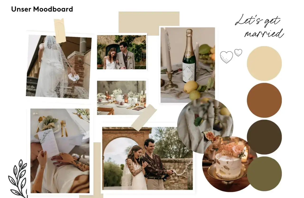 Unser Moodboard f&uuml;r eine Hochzeit: Brautpaar, Tischdeko, Champagner, Torte und Farbpalette in warmen Erdt&ouml;nen.