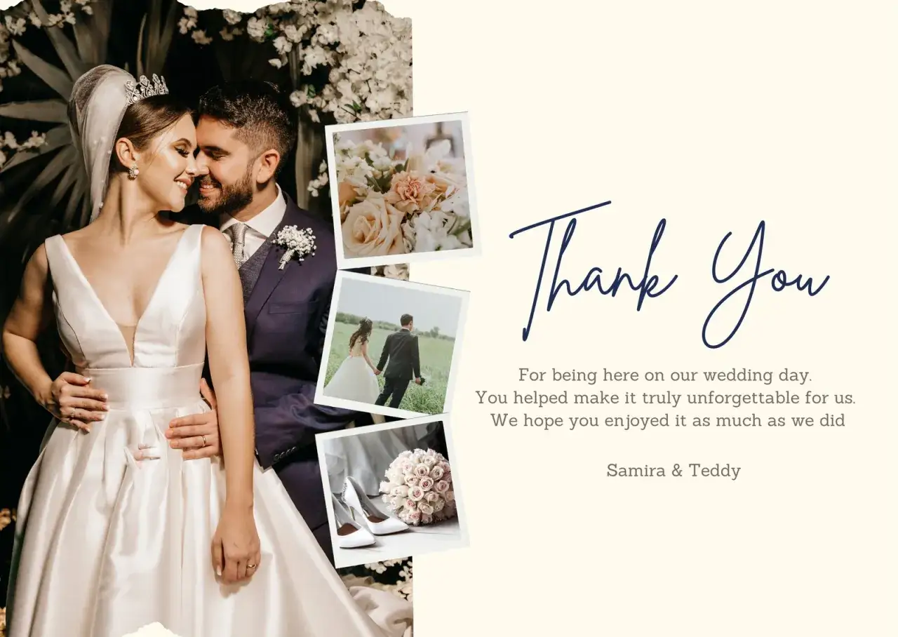 Hochzeitspaar mit Blumen und Schuhen. Kostenlose druckvorlagen f&uuml;r Hochzeitskarten mit Dankestext.