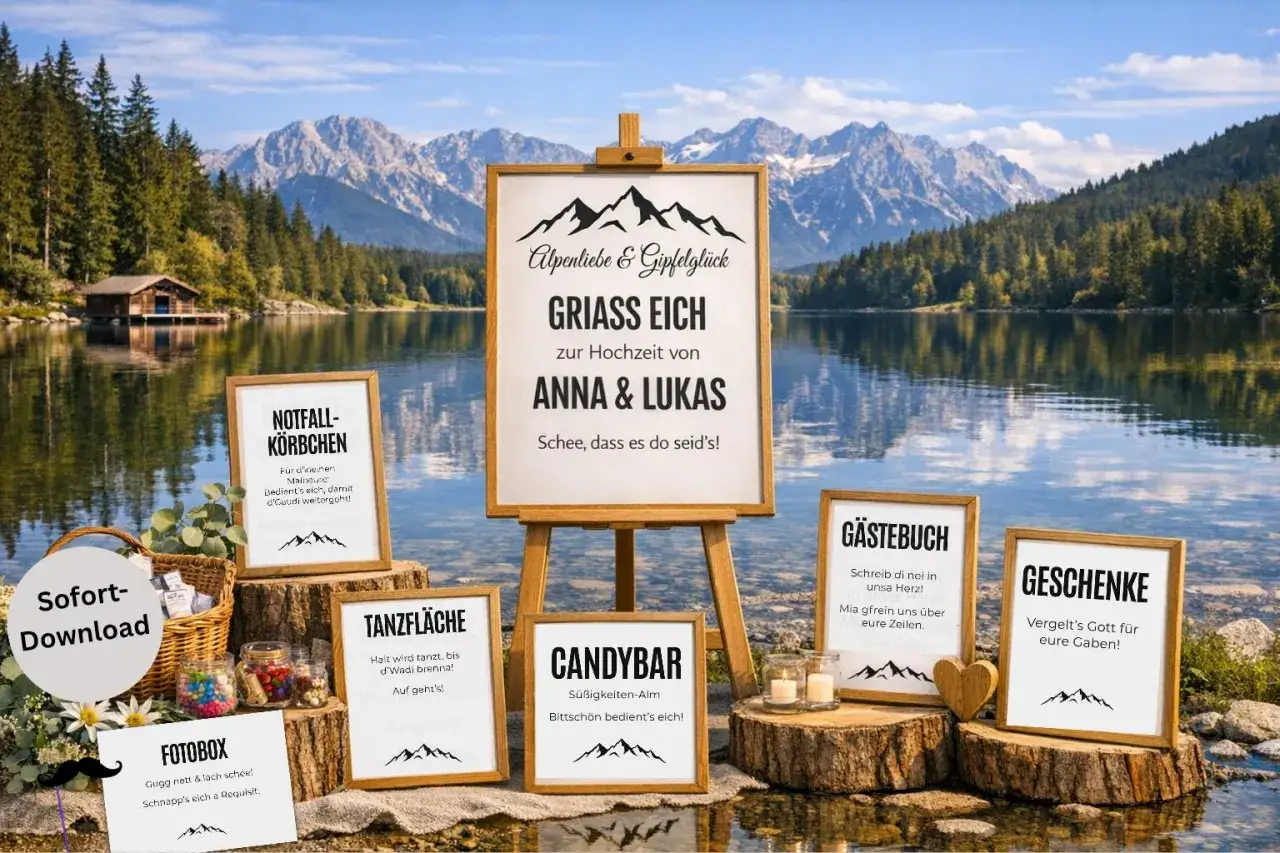 Willkommen zur Hochzeit von Anna & Lukas! Schilder f&uuml;r Tanzfl&auml;che, Fotobox & mehr vor malerischer Bergkulisse.