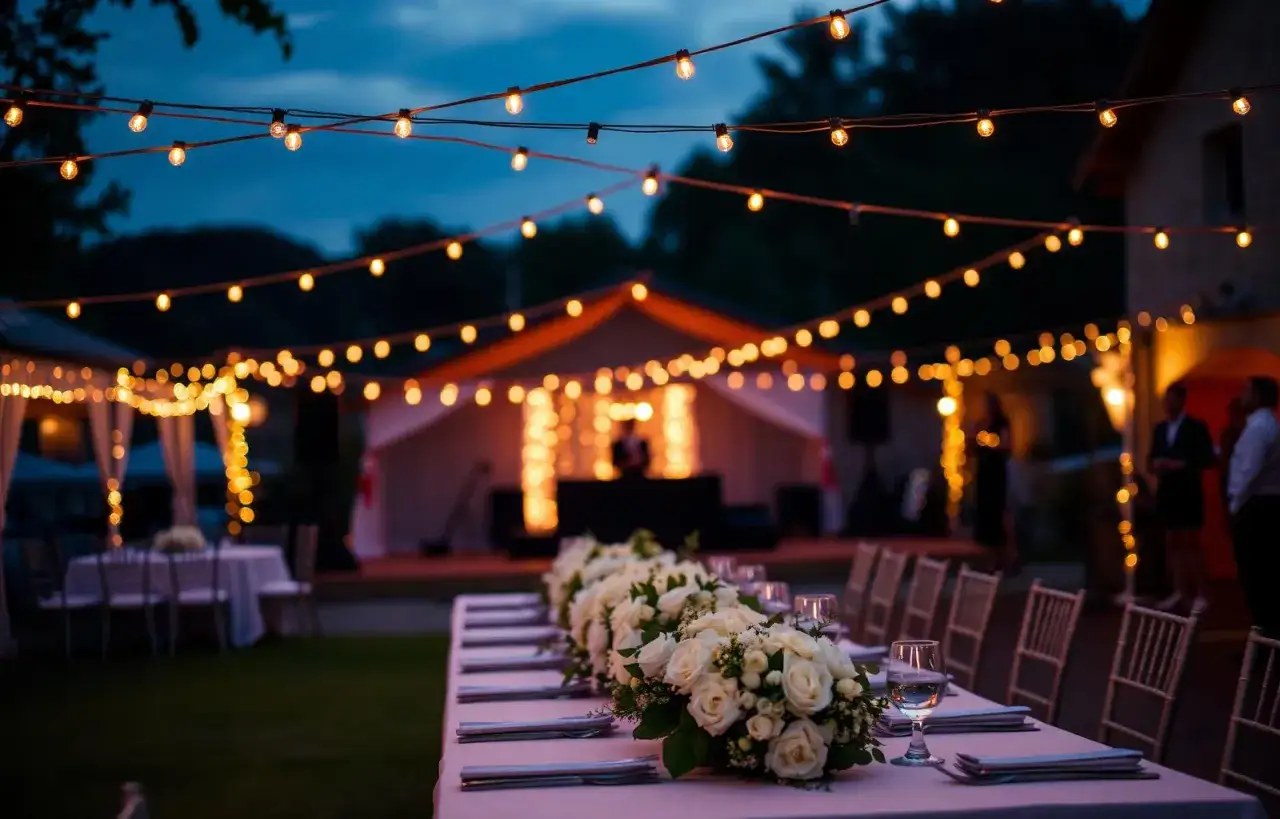 Festliche Lichterketten beleuchten eine hochzeit party statt feier im Freien. Lange Tische mit Blumenarrangements und gedeckten Plätzen warten auf Gäste.