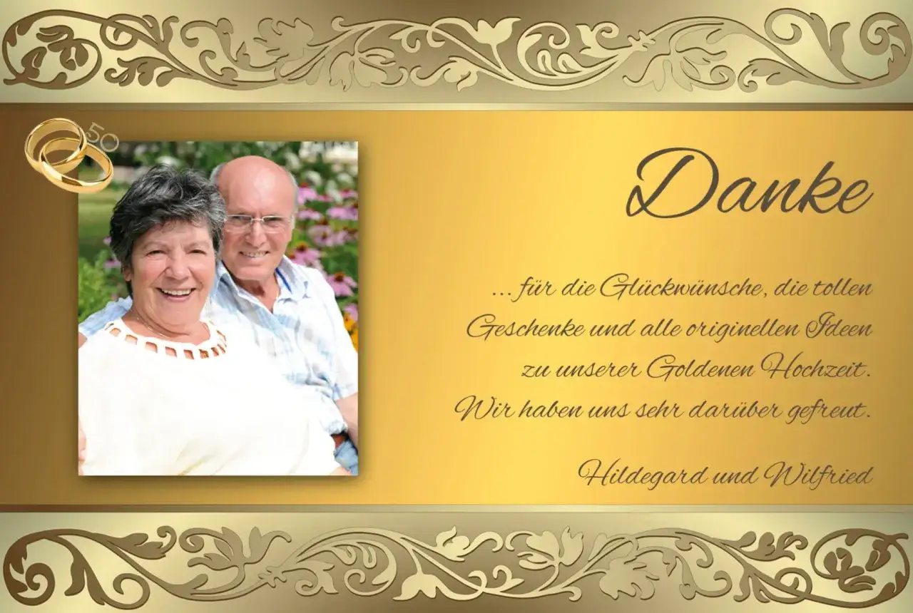 Ein gl&uuml;ckliches Paar feiert seine Goldene Hochzeit. Eine lustige Danksagung mit Ringen und Blumen.