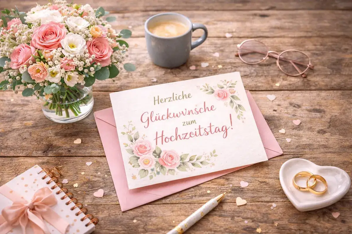 Herzliche Gl&uuml;ckw&uuml;nsche zum Hochzeitstag! Ein Strau&szlig; Rosen, Kaffee und zwei Ringe auf einem Herzsch&auml;lchen &ndash; ein Bild f&uuml;r 90 Jahre verheiratet.
