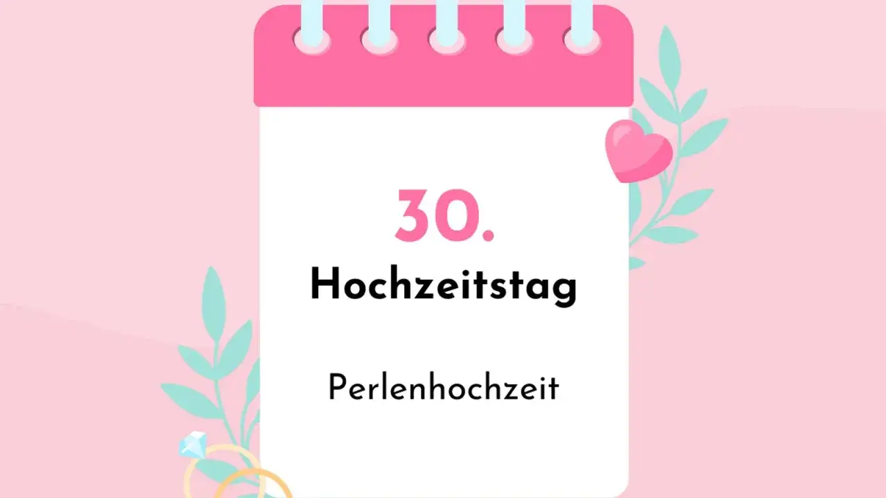 30. Hochzeitstag, Perlenhochzeit. Ein Kalenderblatt mit Herz und Blumen symbolisiert 30 Jahre verheiratet.