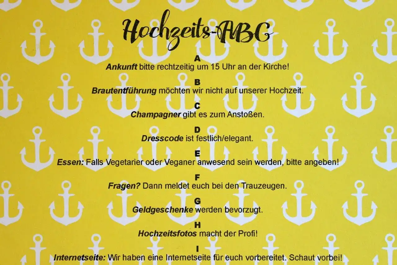Hochzeits-ABC mit Anker-Muster. Infos zu Ankunft, Dresscode, Essen & mehr.