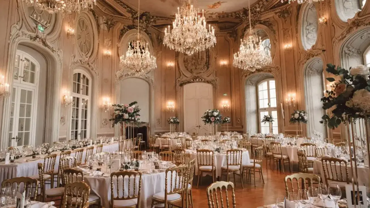 Prunkvoller Festsaal mit Kristalll&uuml;stern und goldenen St&uuml;hlen, bereit f&uuml;r eine besondere Hochzeitslocation.
