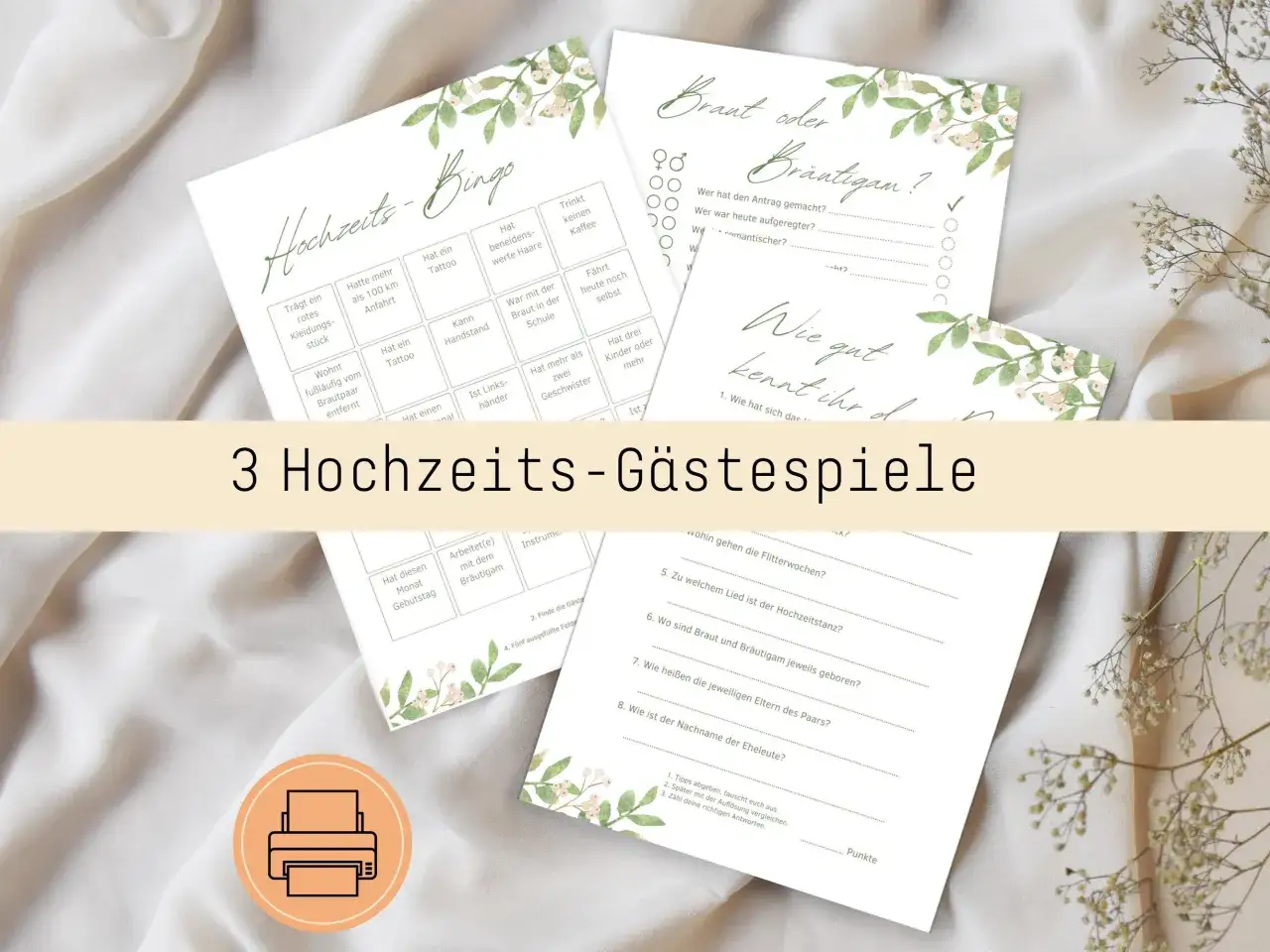 Hochzeitsspiele f&uuml;r G&auml;ste: Bingo, Braut oder Br&auml;utigam und ein Quiz, um das Brautpaar besser kennenzulernen. Perfekt f&uuml;r kurzweilige Unterhaltung!