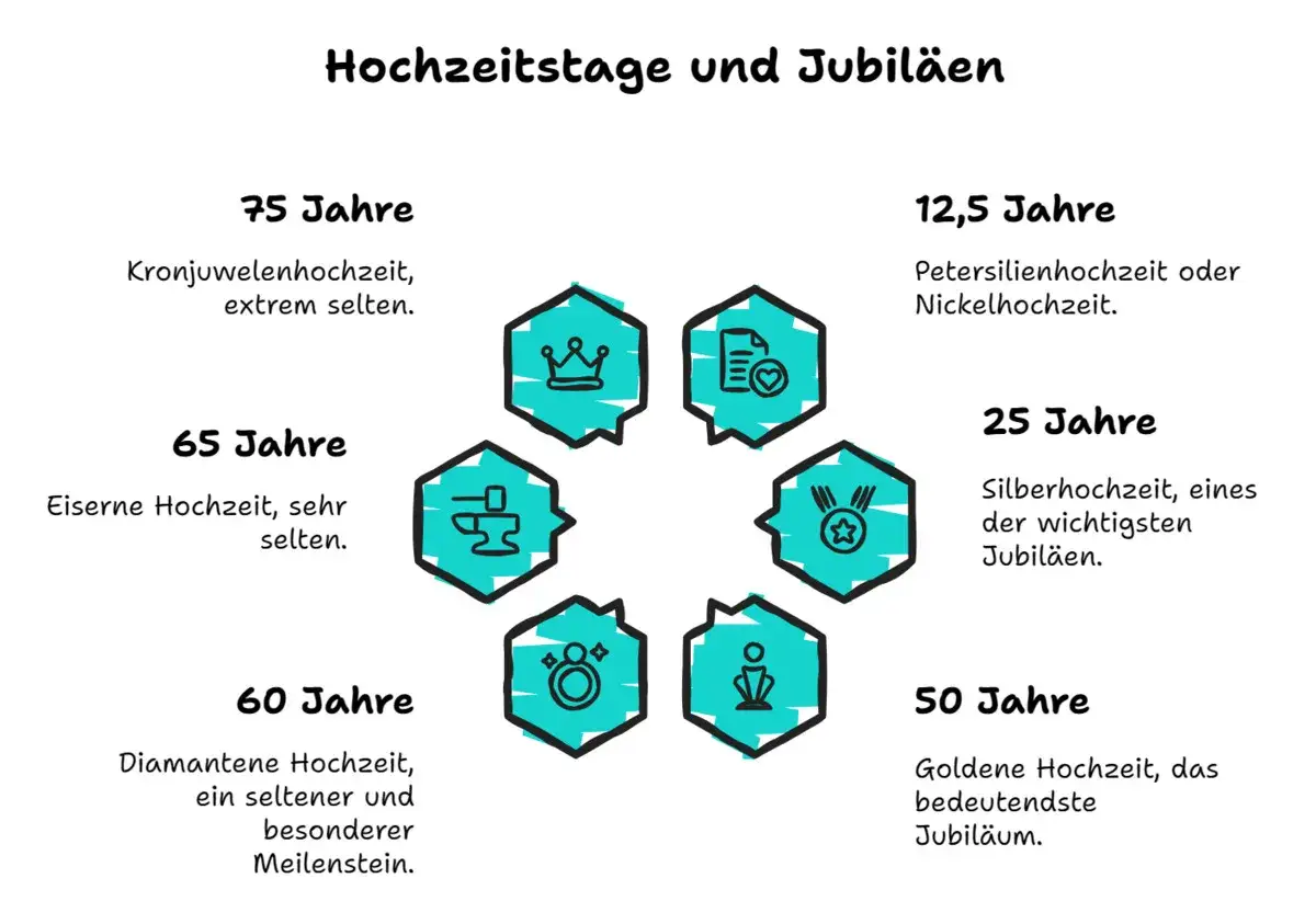 &Uuml;bersicht der Hochzeitstage und Jubil&auml;en: Von der Petersilienhochzeit (12,5 Jahre) bis zur seltenen Kronjuwelenhochzeit (75 Jahre).