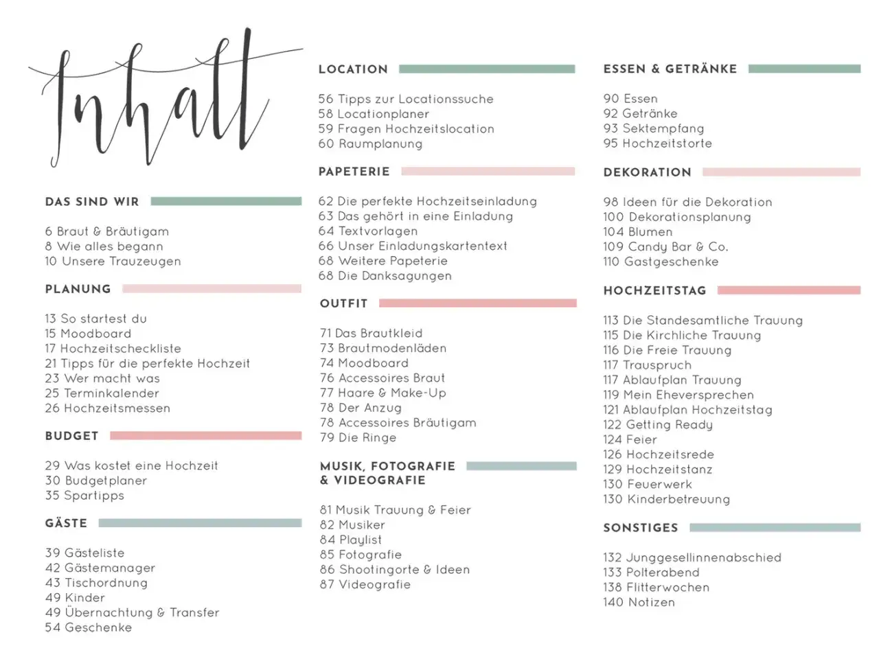 Inhaltsverzeichnis einer Hochzeitsplanung: Tipps f&uuml;r Location, Papeterie, Outfit, Essen, Deko, Ablauf & mehr. Ein guter wedding planer hilft bei jedem Schritt.