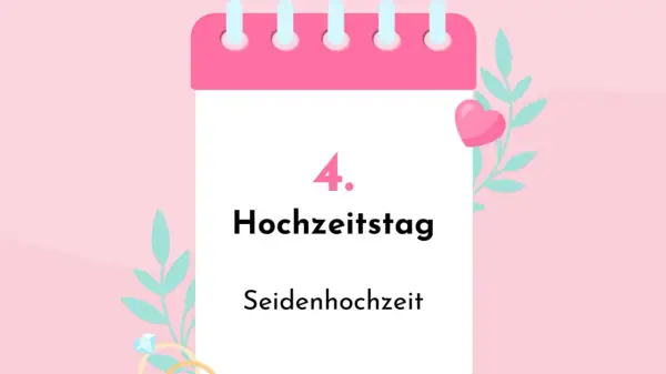 4. Hochzeitstag: Seidenhochzeit. Ein Kalenderblatt mit Herz und Ringen feiert vier Jahre Ehe.